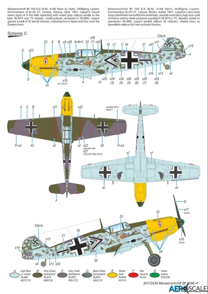 C. Bf 109E-4, "Black Chevron", flown by Hptm. Wolfgang Lippert, II./JG 27, Greece, 1941