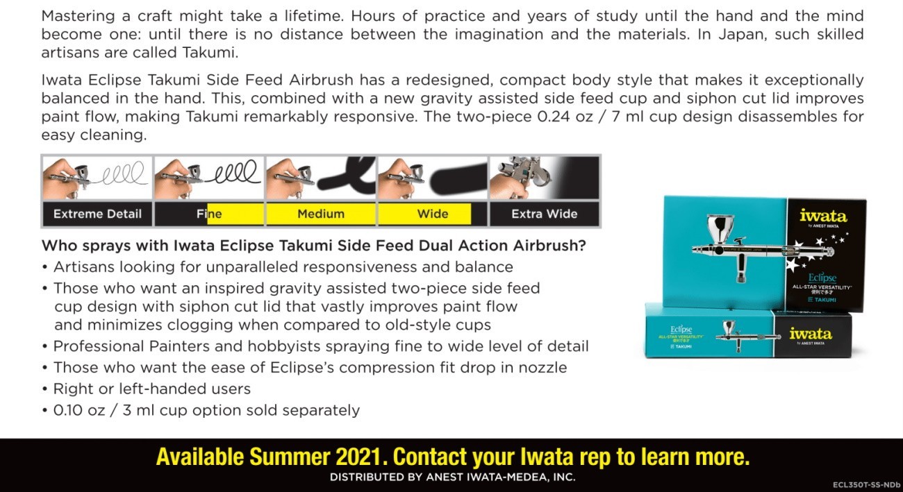 Iwata Eclipse Takumi Side Feed Dual Action Airbrush: Anest Iwata-Medea, Inc.