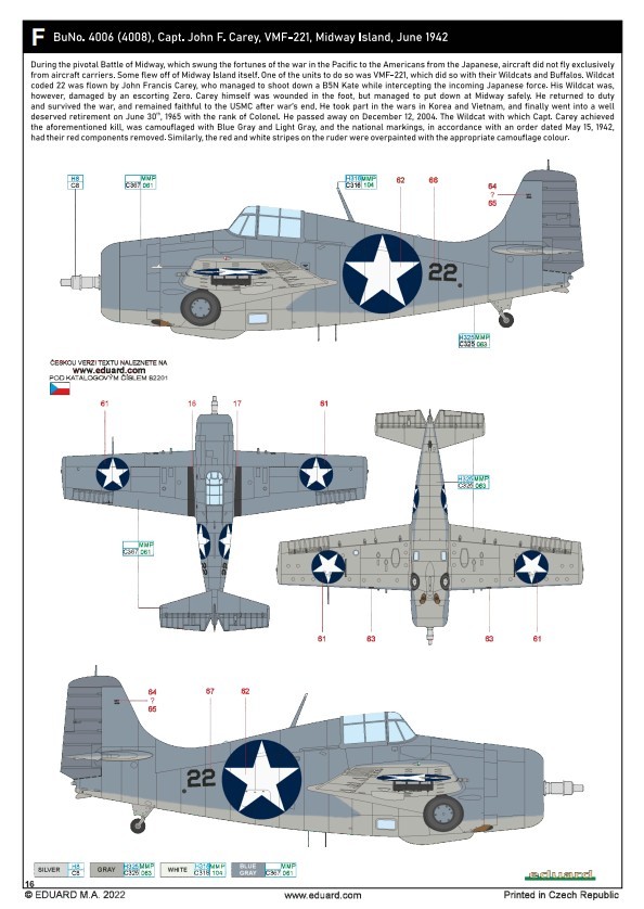 F. F4F-3 Wildcat - BuNo. 4006 (4008), Capt. John F. Carey, VMF-221, Midway Island, June 1942