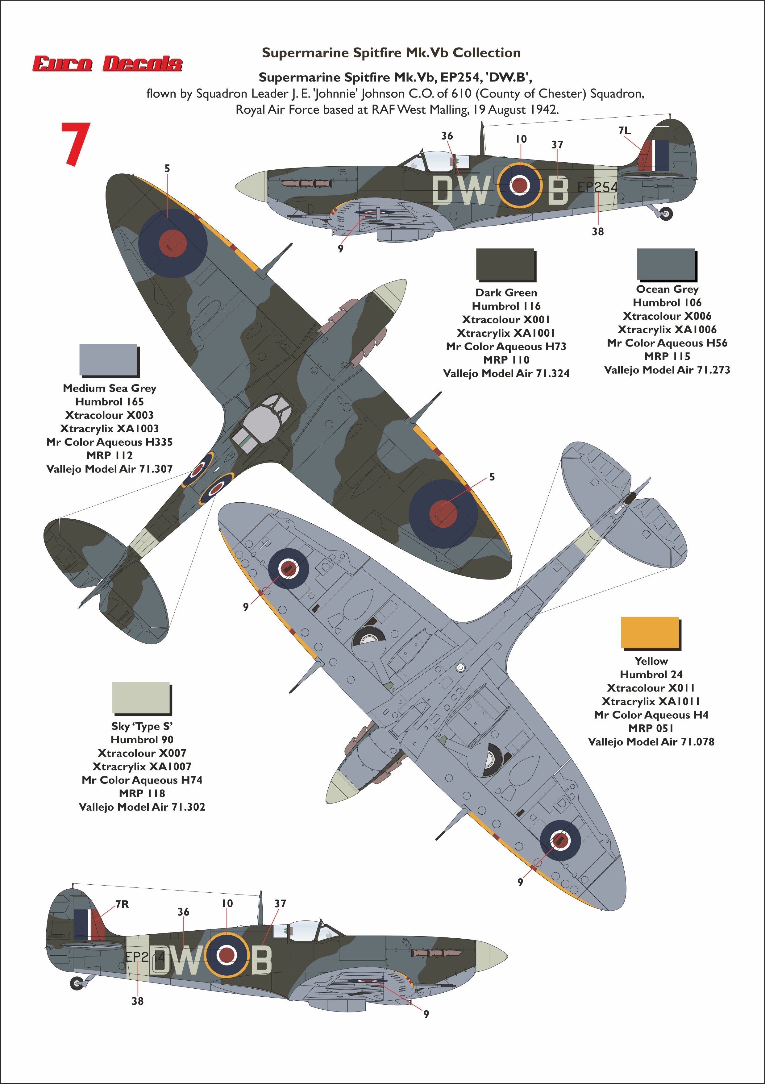 7: Spitfire Mk.Vb s/n EP254 DW-B flown by Sqn Ldr J. E. “Jonnie” Johnson, CO of 610 Sqn., RAF, 19th August 1942.