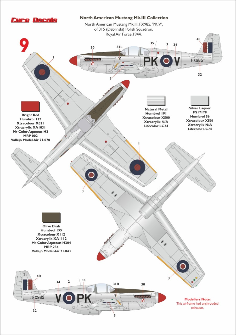 9. Mustang Mk.III, s/n FX985, "PK-V", 315 (Deblinski) Polish Sqn., RAF, UK, 1944