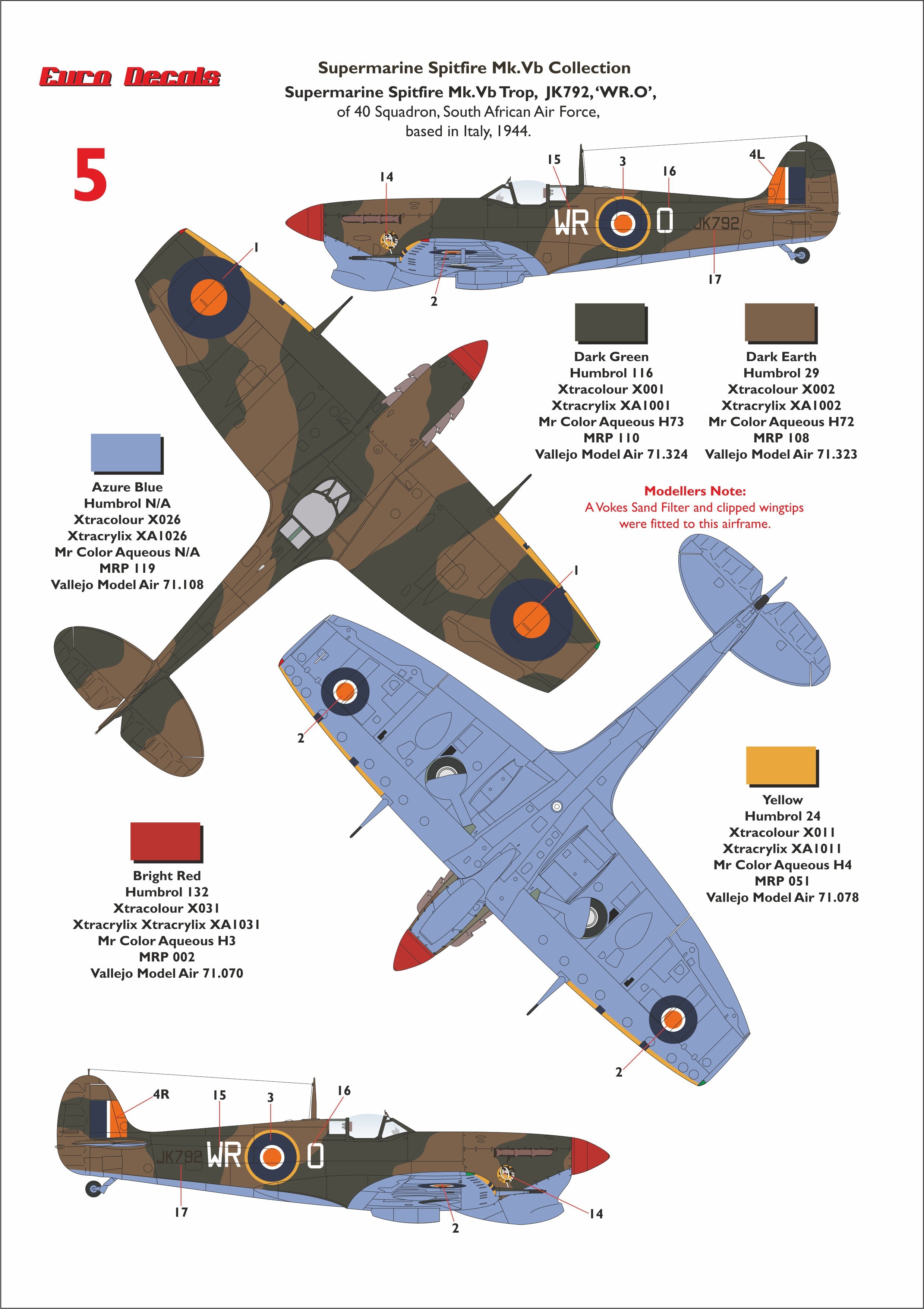 5: Spitfire Mk.Vb Trop s/n JK792 WR-O of 40 Squadron, SAAF, Italy, 1944.