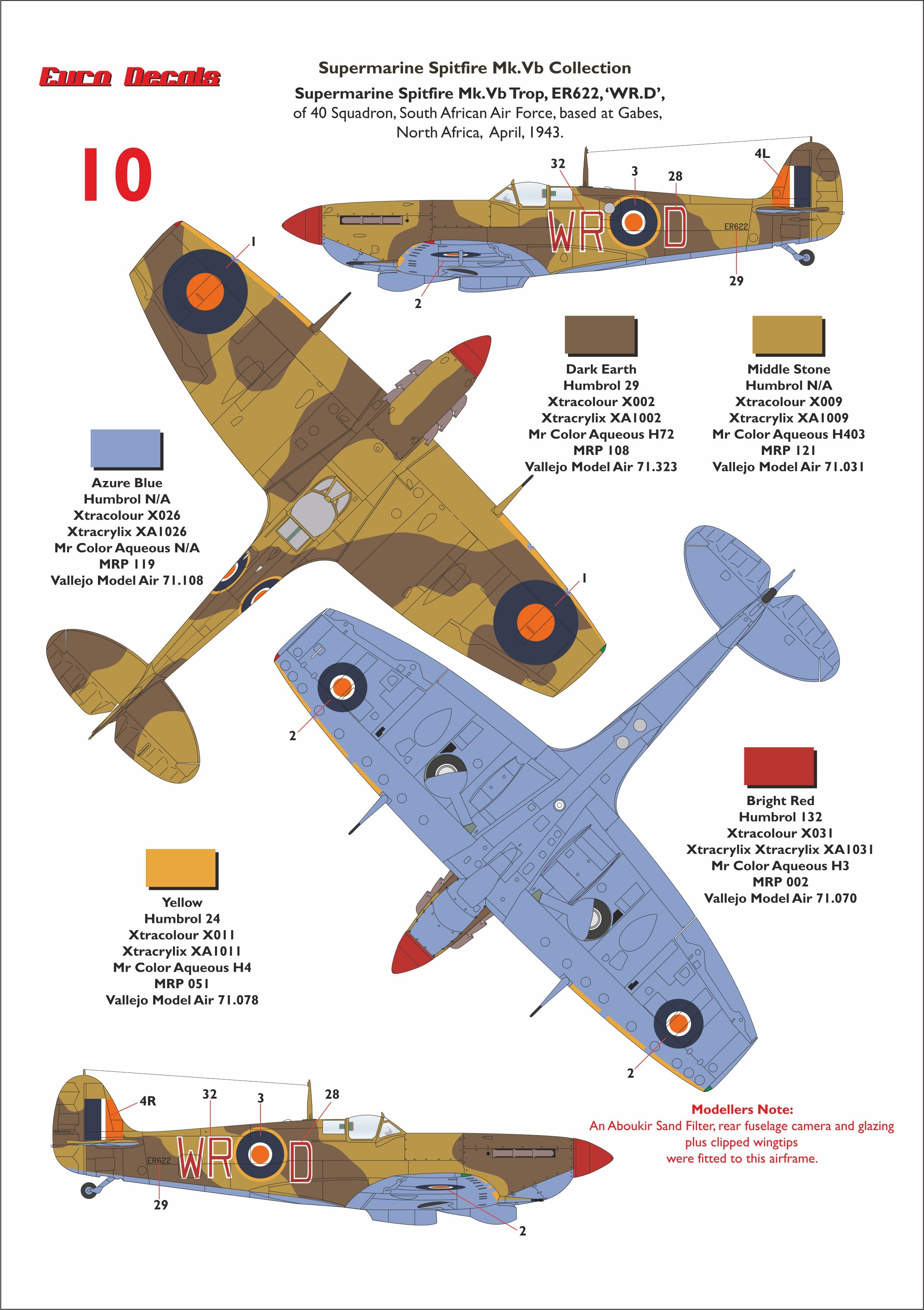 10: Spitfire Mk.Vb Trop s/n ER622 WR-D of 40 Sqn., SAAF, North Africa, April 1943.