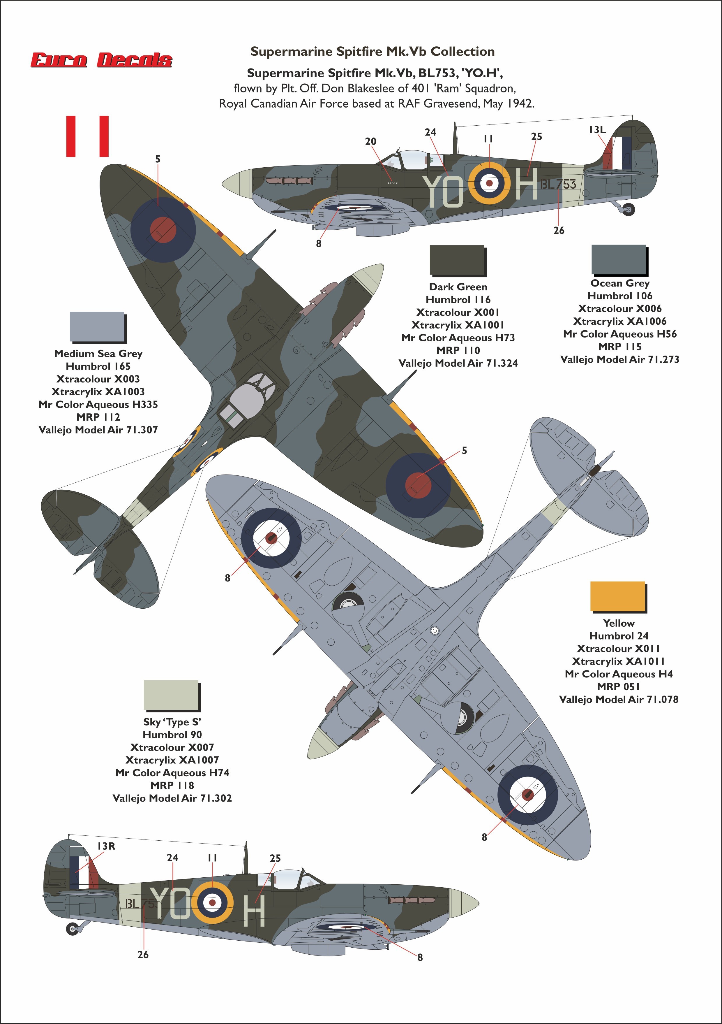 11: Spitfire Mk.Vb s/n BL753 YO-H flown by PO Don Blakeslee of 401 Sqn., RCAF, May 1942.