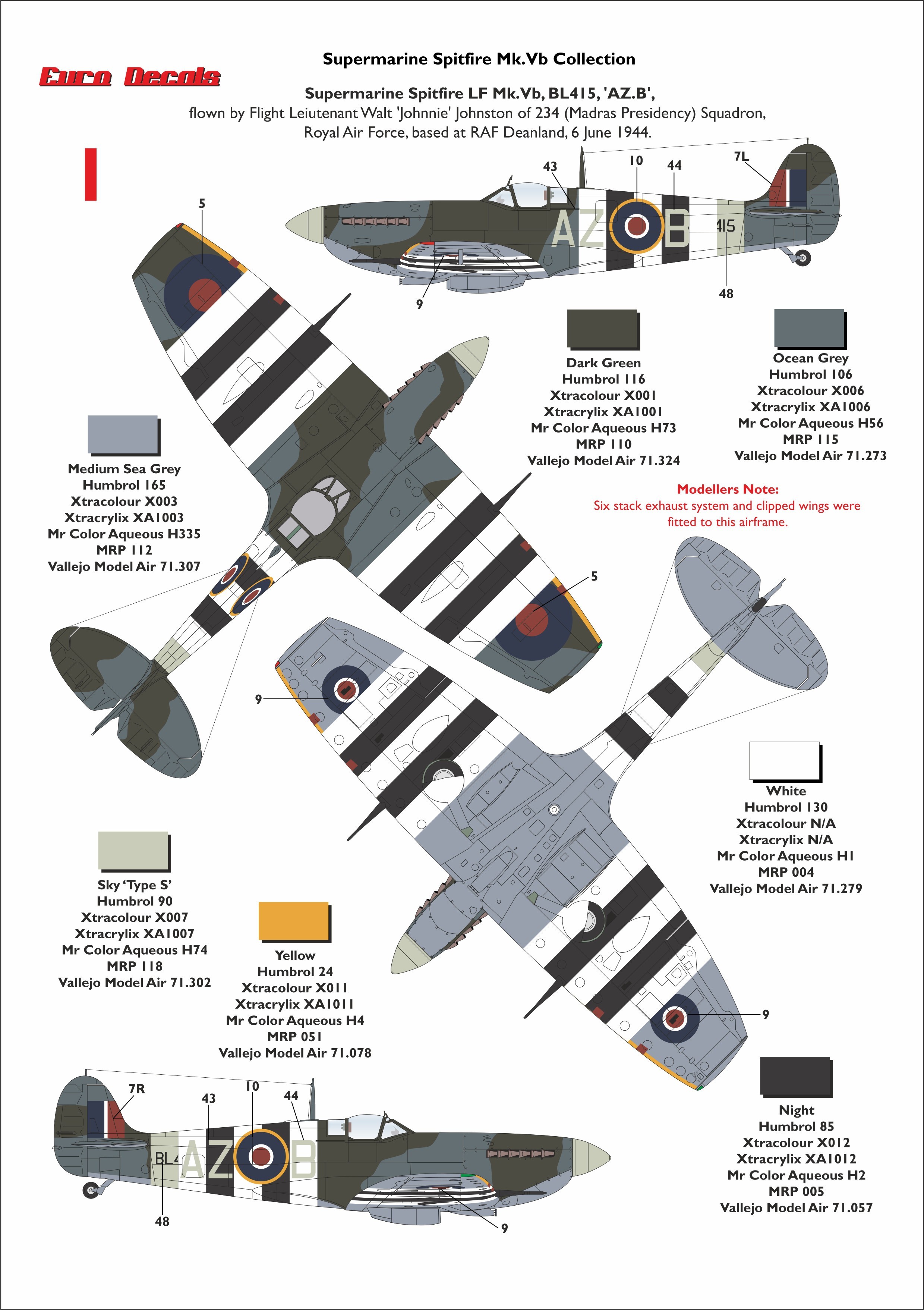 1: Spitfire LF Mk.Vb, s/n BL415 AZ-B, flown by Flt Lt Walt “Jonnie” Johnston of 234 Sqn., RAF, 6th June 1944.