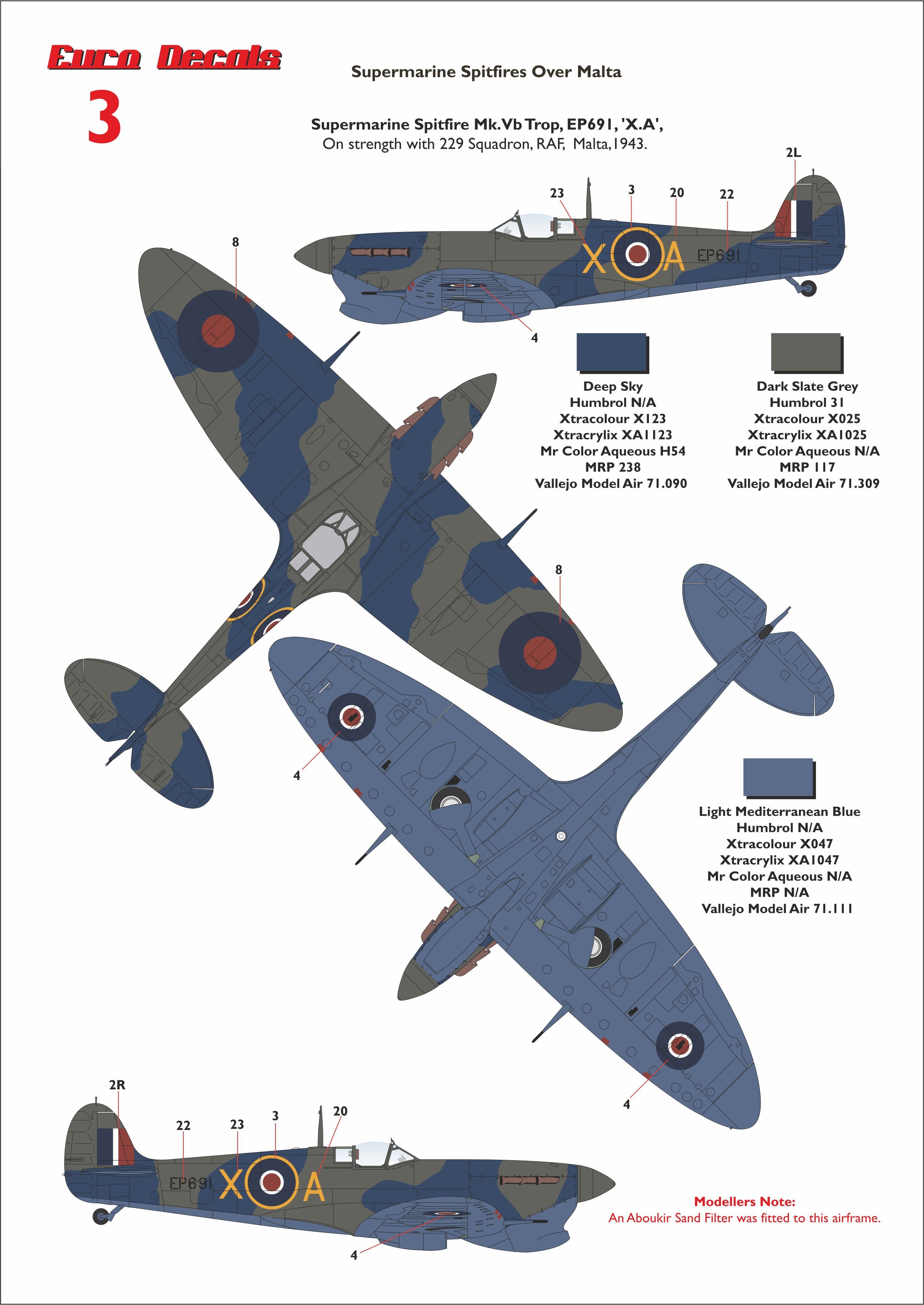 3. Supermarine Spitfire Mk.Vb Trop, EP691 , 'X.A', 229 Squadron, RAF, Malta, 1943.